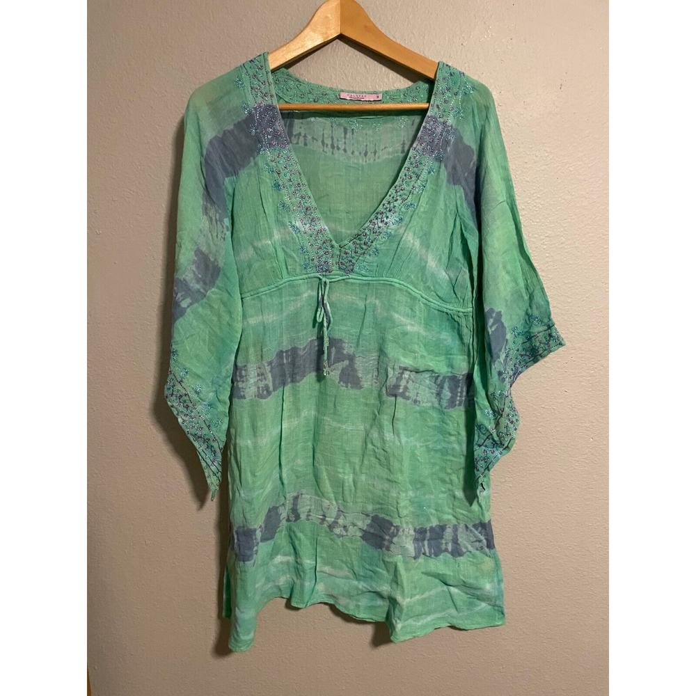 Calypso Christiane Celle Women Dress Large Green Tie Dye Embroidered Sheer Boho